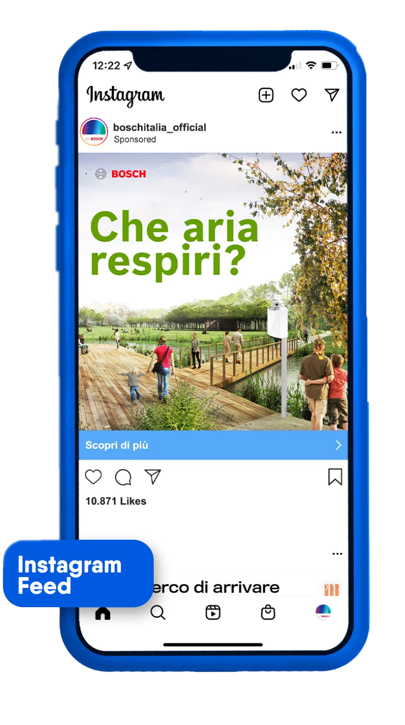 Smartphone con un post Instagram sponsorizzato di Bosch Italia: “Che aria respiri?”