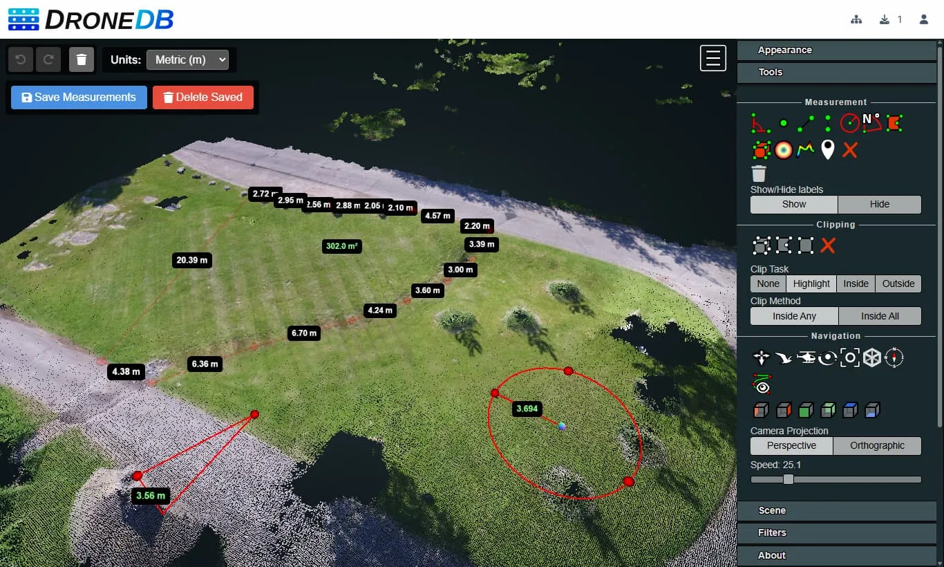 Visualizzatore di nuvole di punti di DroneDB con strumenti di misura