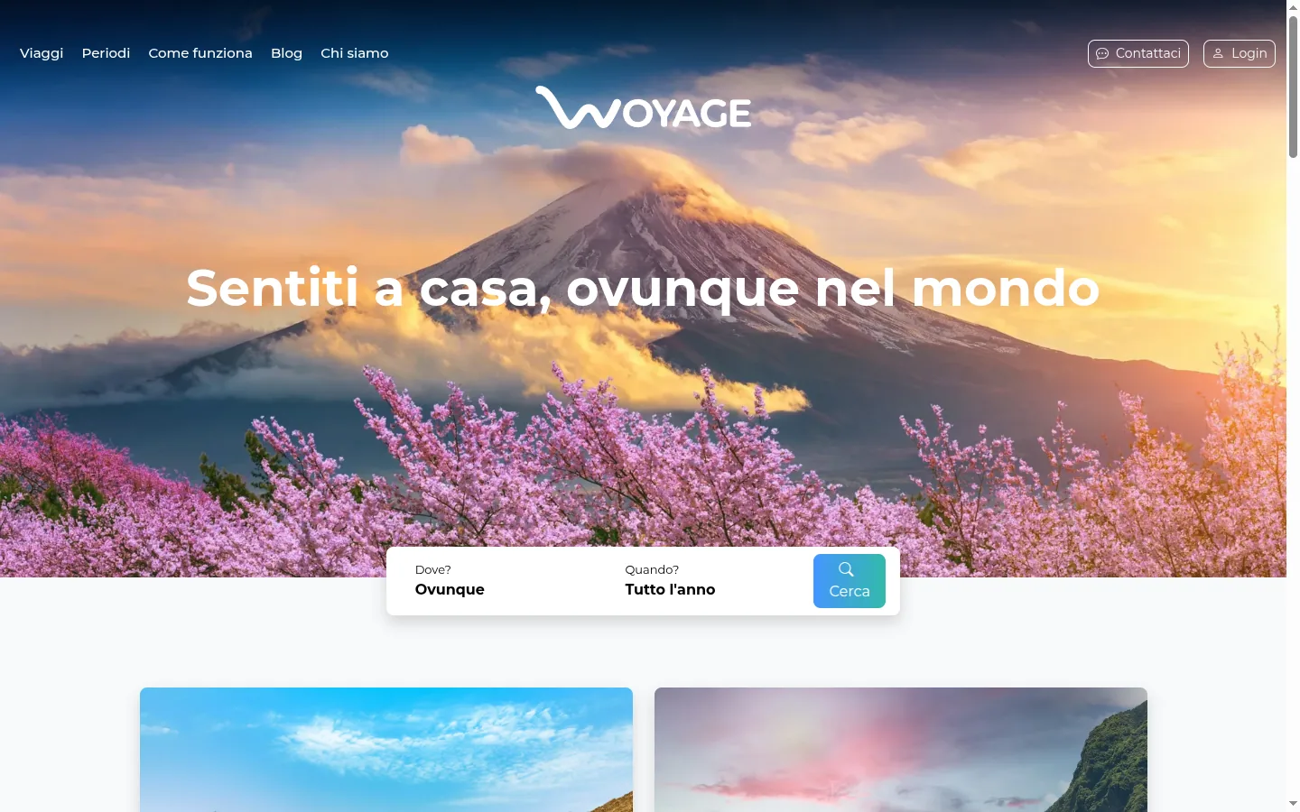 Home di Woyage: “Sentiti a casa, ovunque nel mondo” con barra di ricerca dei viaggi