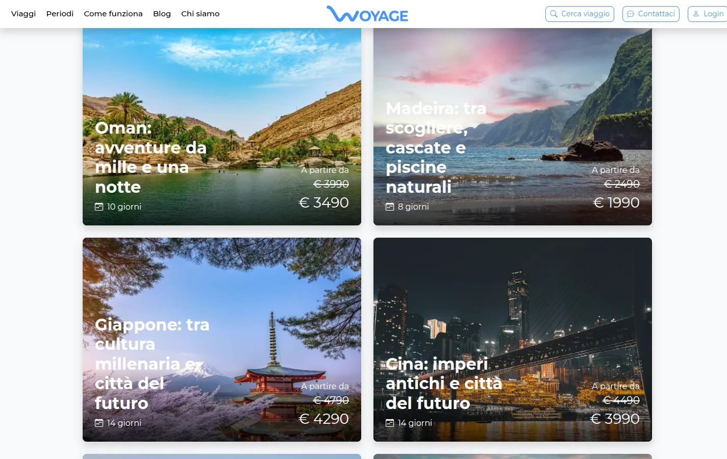 Schede dei viaggi Woyage per Oman, Madeira, Giappone e Cina con prezzi